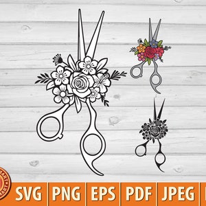 Tijeras florales. Diseño de corte de pelo con flores. Cortar archivos para Cricut. Silueta Clip Art (eps, svg, pdf, png, dxf, jpeg).