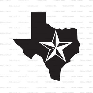 De kaart en de ster van Texas (de eenzame ster staat). Cut bestanden voor de Cricut. Clip Art (EPS, SVG, PDF, PNG, DXF, JPEG).