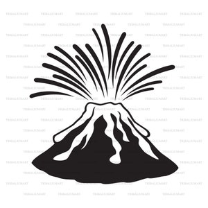 May include: A black and white illustration of a volcano erupting. The volcano is shaped like a cone with a crater at the top. The eruption is depicted as a series of black lines coming out of the crater.