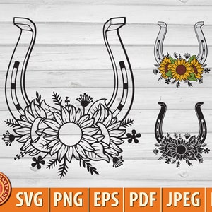 Ferro di cavallo e girasoli. Taglia file per Cricut. Clip Art silhouette (eps, svg, pdf, png, dxf, jpeg).
