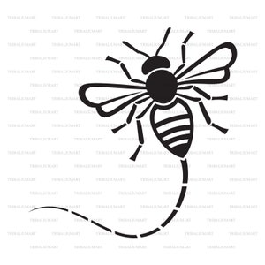 May include: Black and white silhouette of a bee with a striped abdomen. The bee is flying with its wings spread out and its stinger extended. The bee is on a white background.