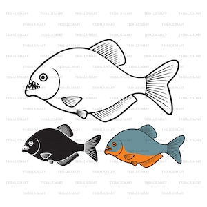 May include: Three illustrations of a fish with sharp teeth. The first fish is outlined in black. The second fish is black. The third fish is blue with an orange belly.
