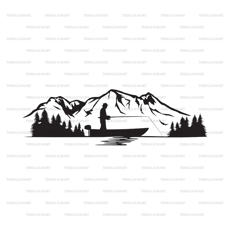 Download Art Collectibles Clip Art Bass Boat Gone Fishing Eps Svg Pdf Png Dxf Jpeg Fisherman In A Boat And Mountain Landscape With Forest Cut Files For Cricut