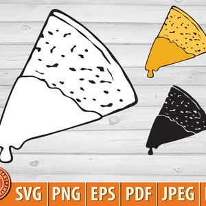 May include: A black and white line drawing of a tortilla chip with a drip of melted cheese. The chip is in the shape of a triangle with a rounded edge. The chip is outlined in black and filled in with white. The cheese is a white fill with black dots.