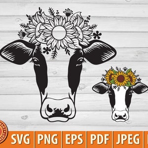 Cabeça de vaca floral com girassóis. Cortar arquivos para Cricut. Clip-art (eps, svg, pdf, png, dxf, jpeg).