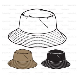 May include: Three bucket hats in different colors. The top hat is white, the middle hat is brown, and the bottom hat is black. All three hats have a black and white striped pattern.
