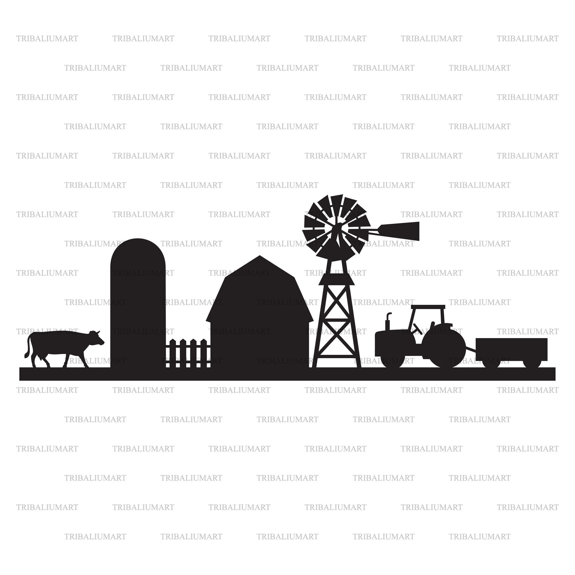 Farm Landscape Silhouette barn Silo Tractor Wagon Water Etsy UK