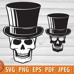 Menselijke schedel met hoge hoed. Bestanden knippen voor Cricut. Clip Art silhouetten (eps, svg, pdf, png, dxf, jpeg).