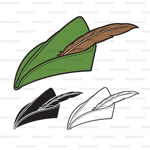 May include: Three variations of a green, black, and white Robin Hood hat with a brown feather. The hat is a pointed, floppy cap with a feather sticking out of the side.