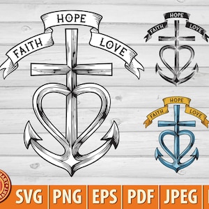 Cruz, Corazón, Ancla: símbolo de fe, esperanza y amor. Signo de fe. Cortar archivos para Cricut. Siluetas Clip Art (eps, svg, pdf, png, dxf, jpeg).