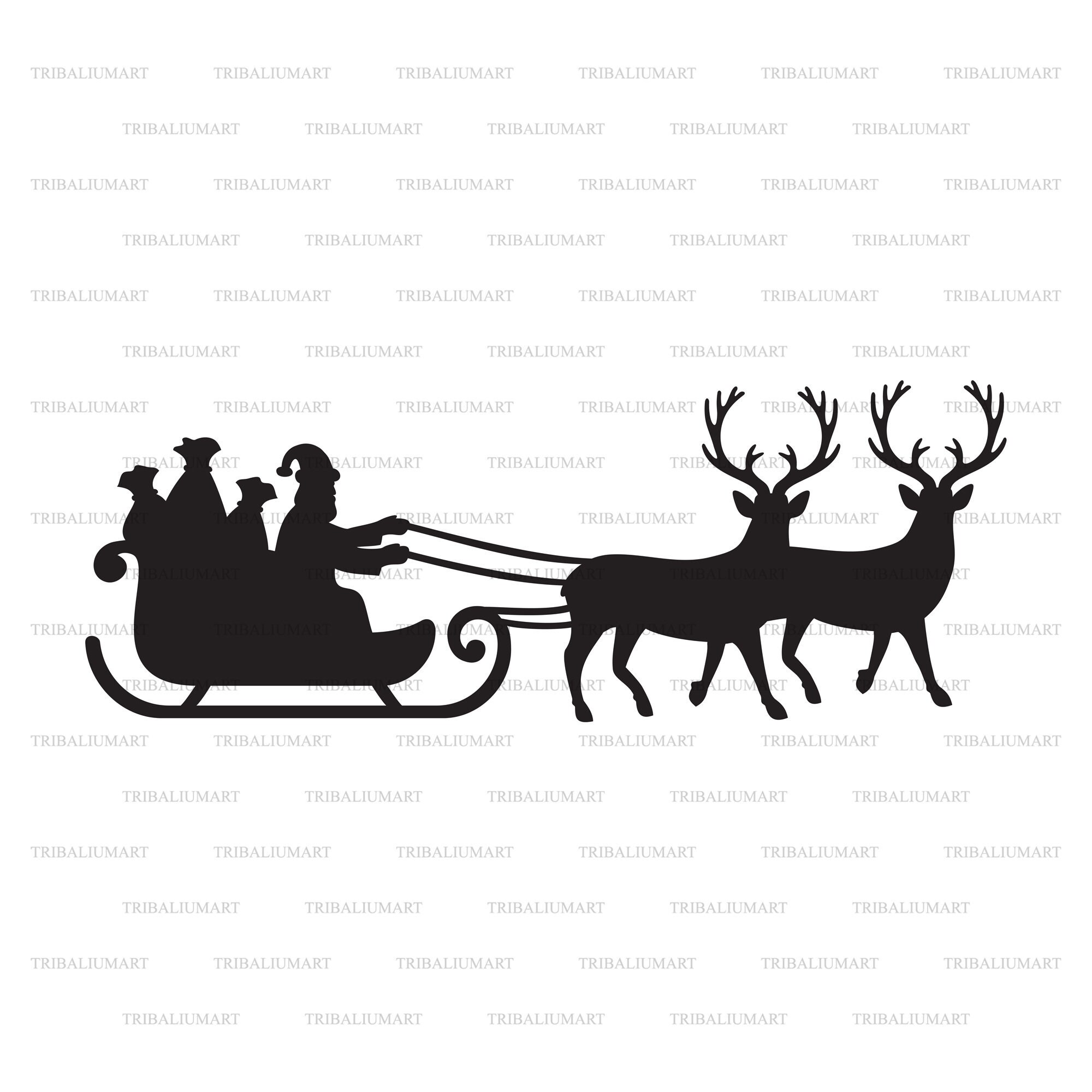 Santa Claus on sleigh and reindeers. Cut files for Cricut. Clip Art silhouettes (eps, svg, pdf, png, dxf, jpeg).