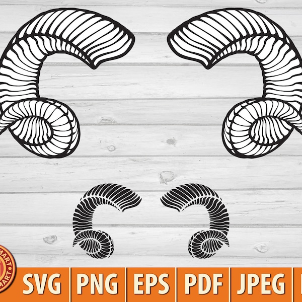 Ram horns. Cut files for Cricut. Clip Art silhouettes (eps, svg, pdf, png, dxf, jpeg).