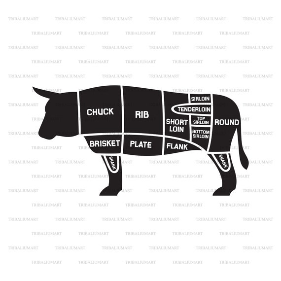 Beef cuts chart butcher diagram cow meat. Cut files for Etsy