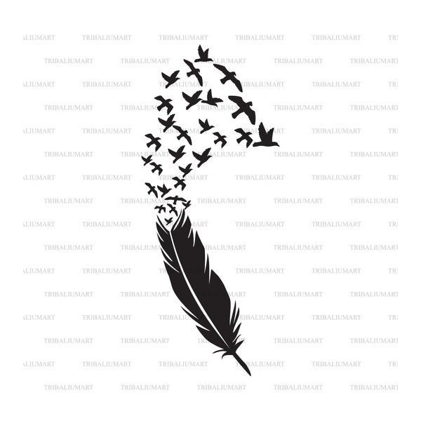 Feather with Birds. Cut files for Cricut. Clip Art silhouettes (eps, svg, pdf, png, dxf, jpeg).