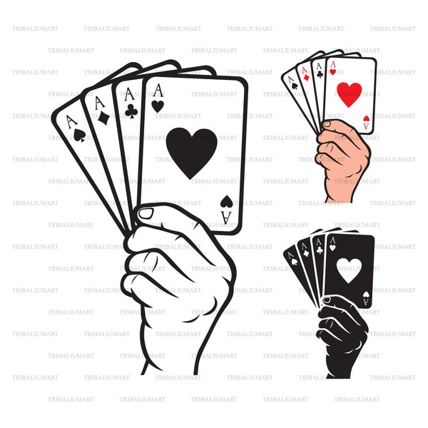 Hand holding playing card - Four Aces (Poker design). Cut files for Cricut. Clip Art silhouettes (eps, svg, pdf, png, dxf, jpeg).