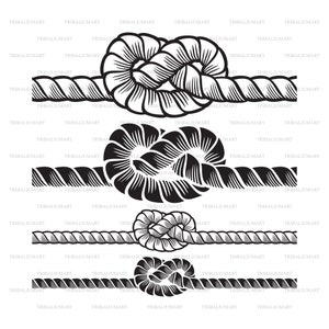Op de afbeelding: Vier zwart-wit illustraties van touwknoppen. Elke knoop is op een andere manier geknoopt en wordt getoond met een touw dat erdoorheen loopt. De knopen zijn allemaal gedetailleerd en realistisch getekend.