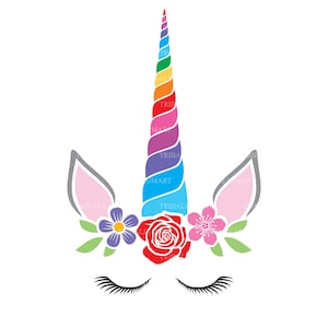 Testa di Unicorno sveglio con i fiori. File di taglio per Cricut. Siluetta di arte di clip (eps, svg, pdf, png, dxf, jpeg).