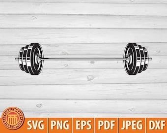 May include: Black and white silhouette of a barbell with weight plates on each end. The barbell is centered on a wood grain background.