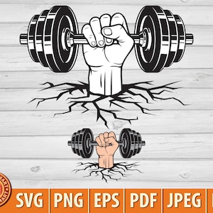 Hand holding barbell (weight or dumbbell). Cut files for Cricut. Clip Art silhouette (eps, svg, pdf, png, dxf, jpeg).