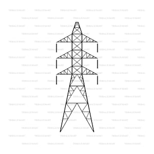 May include: A black and white illustration of a tall, metal electrical tower with multiple crossbars and wires. The tower is a common sight in rural areas and is used to transmit electricity.