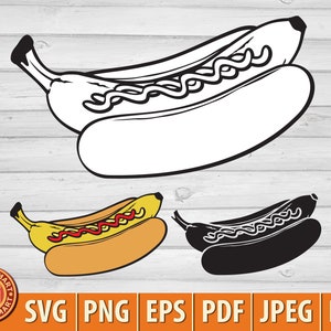 Hot-dog à la banane. Couper des fichiers pour Cricut. Silhouettes clipart (eps, svg, pdf, png, dxf, jpeg).