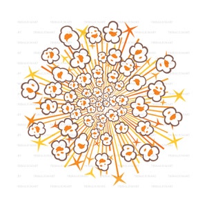 Puede incluir: Un fondo blanco con una explosión de granos de palomitas de maíz en un patrón circular. Los granos de palomitas de maíz son marrones y blancos con contornos naranjas. Hay estrellas amarillas que irradian desde el centro del círculo.