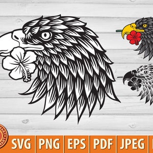 May include: Black and white line art illustration of an eagle's head with a hibiscus flower in its beak. The eagle's head is facing the left side of the image. The hibiscus flower is white with a yellow center. The background is a wood grain pattern.