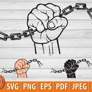 May include: A black and white illustration of a fist breaking free from a chain. The chain is broken into several pieces. The fist is clenched tightly. The background is a wood grain pattern.