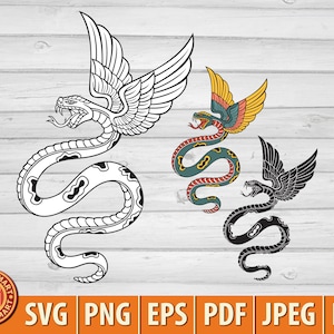 Cobra de tatuagem da velha escola com asas. Arquivo de corte para Cricut. Silhueta de clipart (eps, svg, pdf, png, dxf, jpeg).