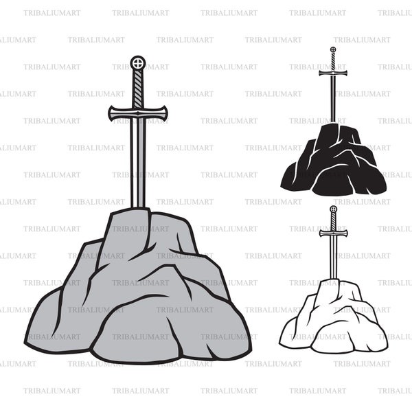 Excalibur - Sword in the Stone. Cut files for Cricut. Clip Art silhouette (eps, svg, pdf, png, dxf, jpeg).