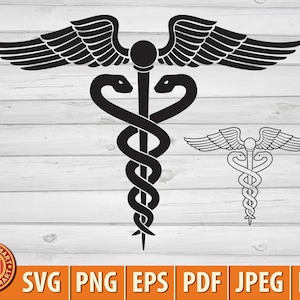 Símbolo Médico - Cobra Caduceus com Vara e Asas. Bastão de Asclépio. Emblema para Farmácia. Ícone de farmácia. Eps, SVG, PDF, PNG, DXF, JPEG.