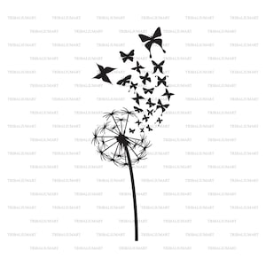 Dandelion con farfalle. Tagliare i file per Cricut. Sagome ClipArt (eps, svg, pdf, png, dxf, jpeg).