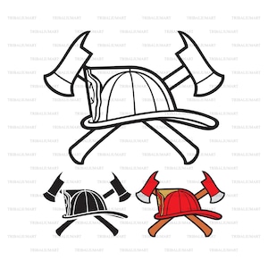 Progettazione dei Vigili del Fuoco o dei Vigili del Fuoco (asce incrociate e casco). Tagliare i file per Cricut, ClipArt (eps, svg, pdf, png, dxf, jpeg).