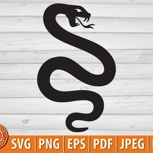 Op de afbeelding: Zwart silhouet van een slang met zijn tong uit. De slang staat in een gebogen, rechtopstaande positie. De afbeelding bevat de tekst "TRIBALUMART" en bestandstype-opties: SVG, PNG, EPS, PDF, JPEG en DXF.