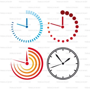 Op de afbeelding: Drie verschillende klokontwerpen met een witte achtergrond. De eerste klok is een blauwe cirkel met een witte wijzer die naar het getal 12 wijst. De tweede klok is een rode cirkel met een witte wijzer die naar het getal 3 wijst. De derde klok is een zwarte cirkel met een witte wijzer die naar het getal 12 wijst en een witte wijzer die naar het getal 3 wijst.