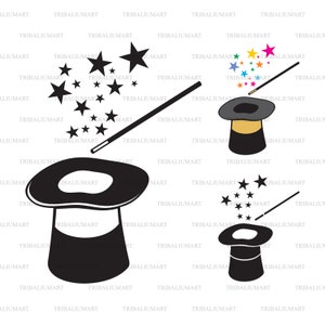 Magische hoed. Goochelaar ontwerp. Cut bestanden voor de Cricut. Clip Art silhouet (EPS, SVG, PDF, PNG, DXF, JPEG).