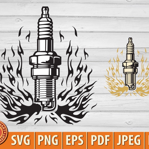 Spark Plug with Flame. Cut files for Cricut. Clip Art silhouette (eps, svg, pdf, png, dxf, jpeg).