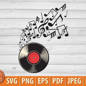 Schallplatte und Musiknoten. Schneide Dateien für Cricut. Clip Art Silhouette (eps, svg, pdf, png, dxf, jpeg).