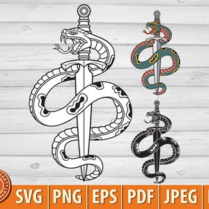 Slang en mes. Oldschool-tatoeage. Bestanden knippen voor Cricut. Clip Art-silhouet (eps, svg, pdf, png, dxf, jpeg).