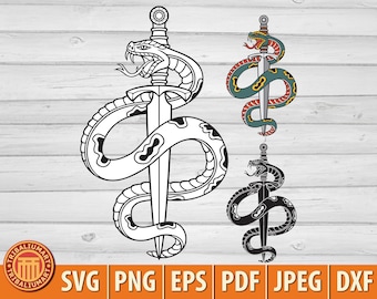 Snake and Knife. Old School Tattoo. Cut files for Cricut. Clip Art silhouette (eps, svg, pdf, png, dxf, jpeg).
