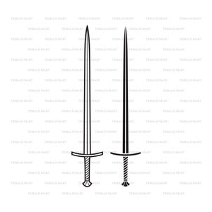 May include: Two black and white sword illustrations. The sword on the left has a hilt with a cross guard and a pommel. The sword on the right has a hilt with a pommel.