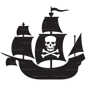 Pirate ship with skull with crossed bones on the sail. Cut files for Cricut. Clip Art silhouette (eps, svg, pdf, png, dxf, jpeg).