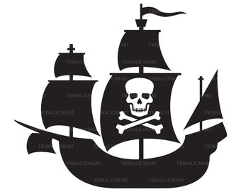 Pirate ship with skull with crossed bones on the sail. Cut files for Cricut. Clip Art silhouette (eps, svg, pdf, png, dxf, jpeg).