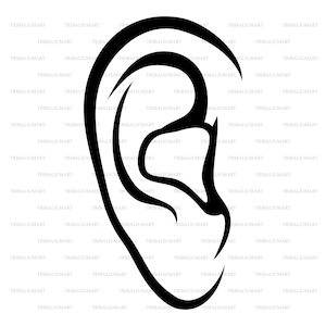 Pode incluir: Um desenho a traço preto e branco de uma orelha humana. A orelha é retratada em um estilo minimalista, com linhas grossas e curvas que definem sua forma e estruturas internas. O design é uma representação gráfica simples de uma orelha.