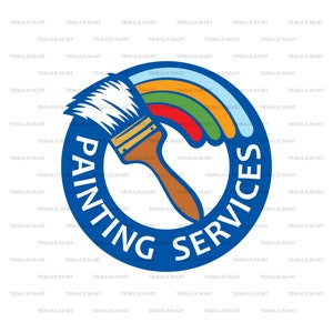 May include: A blue circle with the words "Painting Services" in white. A paintbrush with a rainbow of colors is painted around the circle.