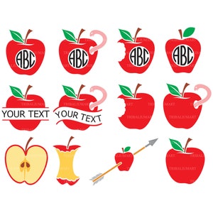 Collection of apples monogram design. Cut files for Cricut. Clip Art silhouettes (eps, svg, pdf, png, dxf, jpeg).