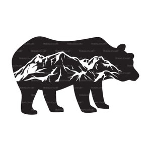 Bär und Berge. Dateien für Cricut schneiden. Clip Art Silhouette (eps, svg, pdf, png, dxf, jpeg).