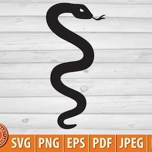 Op de afbeelding: Zwart slangsilhouet met een gebogen lichaam en een gespleten tong. De slang is een eenvoudig, gestileerd ontwerp, perfect voor diverse knutselprojecten. De afbeelding bevat bestandsformaatopties: SVG, PNG, EPS, PDF, JPEG en DXF.