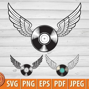 Disco de vinil com asas. Vinil voador. Cortar arquivos para Cricut. Silhueta de clipart (eps, svg, pdf, png, dxf, jpeg).