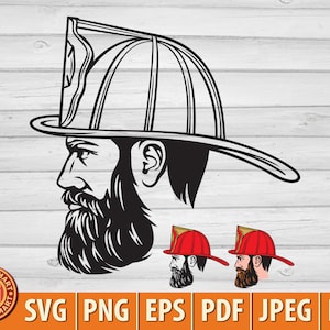 ヘルメットをかぶった消防士の顔。Cricut 用のカット ファイル。クリップ アートのシルエット (eps、svg、pdf、png、dxf、jpeg)。